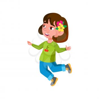 Happy Emotion Girl Kid Jumping With Smile Vector. Happiness Little Lady Child Jump And Smiling, Positive Emotion. Character Infant Having Fun Mood Expression Flat Cartoon Illustration