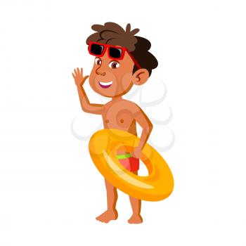 Boy Child With Lifebuoy Go To Swimming Pool Vector. Hispanic Preteen Kid With Lifebuoy And Sunglasses Going To Sea For Swim. Character Resting Funny Time Seashore Flat Cartoon Illustration