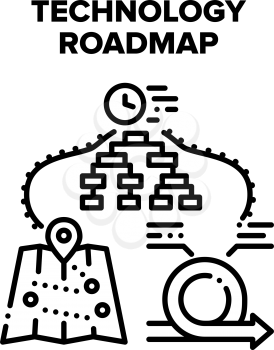 Technology Roadmap Vector Icon Concept. Technology Roadmap For Showing Driver Way Direction, Digital Gps Media System. Navigation Device For Counting Distance And Time Black Illustration