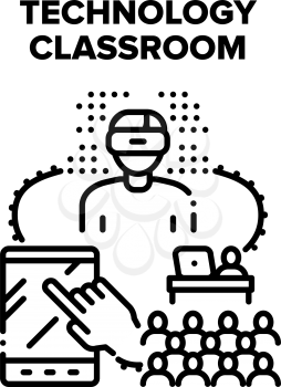 Technology Classroom Vector Icon Concept. Technology Classroom For Studying School Or University Subject. Digital Tablet And Virtual Reality Glasses Device For Learning Lesson Black Illustration