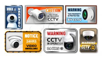 Caution Protect Cctv Nameplates Posters Set Vector. Collection Of Different Nameplates With Wireless Surveillance Electronic Video Camera. Protection Equipment Realistic 3d Illustrations
