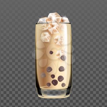 Iced Cold Coffee Drink Glass With Chocolate Vector. Coffee Energy Delicious Beverage With Milk And Ice Cubes In Cup. Fresh Aromatic Barista Morning Breakfast Drink Template Realistic 3d Illustration