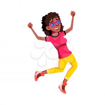 Girl Teen Dancing And Jumping On Party Vector. African Teenager Wearing Festive Sunglasses Dancing And Jump On Disco Musician Event. Character Enjoying On Discotheque Flat Cartoon Illustration