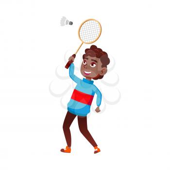 Schoolboy Playing Badminton On Playground Vector. African Happy School Boy Play Badminton With Racquet And Shuttlecock. Character Teen With Sport Racket Active Time Flat Cartoon Illustration