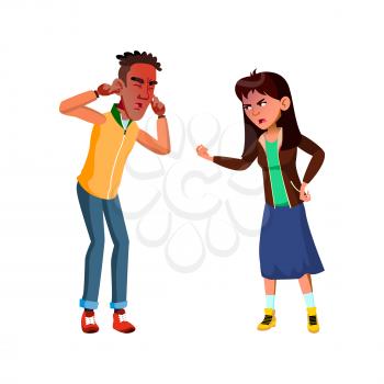 Teenagers Couple Aggressive Quarrelling Vector. Asian Girl Aggressive Screaming At African Boy Teen, Guy Sticking Plug Fingers In Ears. Characters Conflict Flat Cartoon Illustration