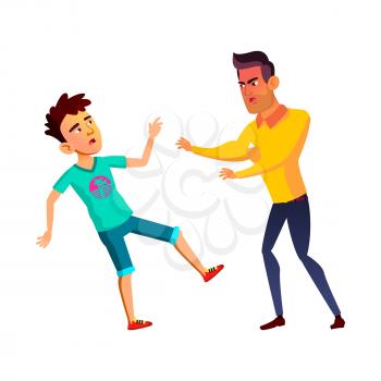 Teenagers Boys Fighting With Aggression Vector. Guys Teens Fight With Aggression Outdoor, Angry Muscular Student Bullying And Kicking Classmate. Characters Conflict Flat Cartoon Illustration