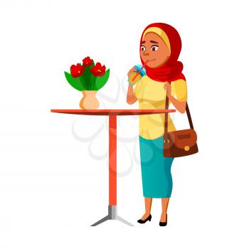 Teen Girl Drinking Freshness Juice In Cafe Vector. Arabian Teenager Drinking Juicy Cocktail At Cafeteria Table Decorated Natural Flowers. Muslim Character Lady Refreshment Flat Cartoon Illustration