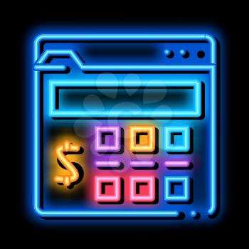 money calculator neon light sign vector. Glowing bright icon money calculator sign. transparent symbol illustration