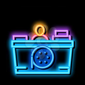 recorder seller neon light sign vector. Glowing bright icon recorder seller sign. transparent symbol illustration