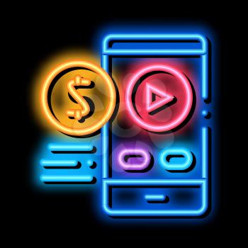selling phone player neon light sign vector. Glowing bright icon selling phone player sign. transparent symbol illustration