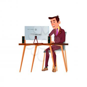 smiling man computer using and talking with customer through video call cartoon vector. smiling man computer using and talking with customer through video call character. isolated flat cartoon illustration