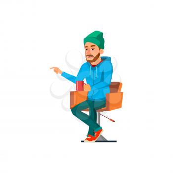 tired man drinking coffee and pointing at pun cake in showcase cartoon vector. tired man drinking coffee and pointing at pun cake in showcase character. isolated flat cartoon illustration