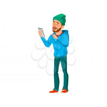 man hipster smiling and sending funny message to girlfriend cartoon vector. man hipster smiling and sending funny message to girlfriend character. isolated flat cartoon illustration