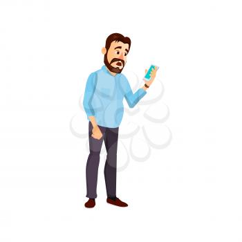 staring opened eyes and mouth man reading message on phone cartoon vector. staring opened eyes and mouth man reading message on phone character. isolated flat cartoon illustration