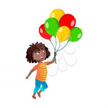 Girl Walk With Air Balloons Bunch Outside Vector. African Lady Child Walking With Multicolored Helium Balloons Outdoor. Character Resting With Festive Accessory Flat Cartoon Illustration