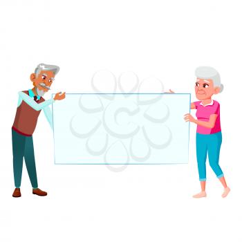 Old Man And Woman Holding Blank Banner Vector. Elderly Hispanic Grandfather And Caucasian Grandmother Lady Pensioner Hold Empty Banner Together. Characters Presenting Flat Cartoon Illustration