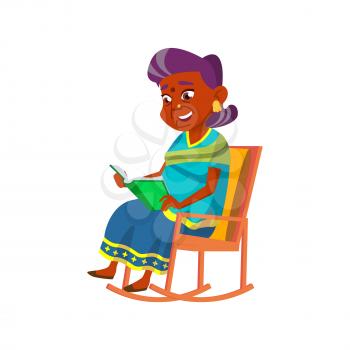 Old Woman Sit In Rocking Chair And Reading Vector. Indian Elderly Lady Reading Funny Story Book. Character Grandmother Pensioner Recreational Time With Literature Flat Cartoon Illustration