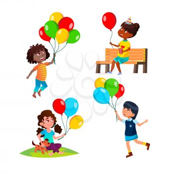 Girls Children Playing With Balloon Set Vector. Ladies Kids Play With Air Balloon And Dog Pet In Park And On Birthday Party. Characters Recreation Time With Decoration Flat Cartoon Illustrations
