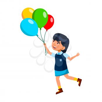 Kid Girl Playing With Helium Balloons Bunch Vector. Asian Child Play With Multicolored Air Balloons Outdoor. Character Chinese Preteen Schoolgirl Recreation Flat Cartoon Illustration