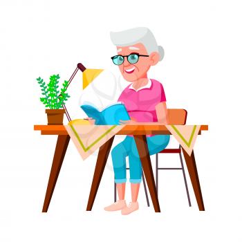 Old Woman Sitting At Table And Reading Book Vector. Smiling Elderly Lady Sit At Desk And Read Educational Book Literature. Character Aged Grandmother Studying Flat Cartoon Illustration