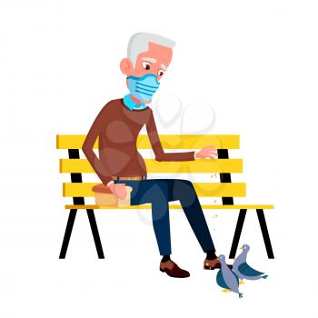 Old Man Wearing Medical Facial Mask In Park Vector. Elderly Guy In Protective Medicine Facial Mask Sitting On Bench And Feeding Dove Bird. Character Enjoying Outdoor Flat Cartoon Illustration
