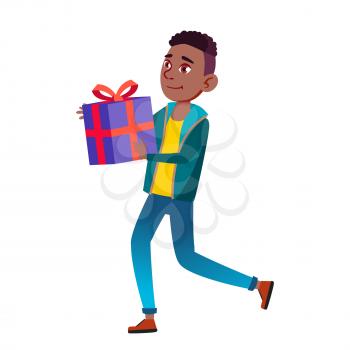 Teenager Boy Running With Present At Birth Vector. African Teen Running With Gift Present At Anniversary Party Event. Character Hurry At Friend Birthday Celebration Flat Cartoon Illustration