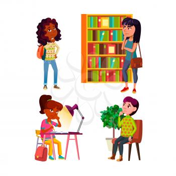 Teenager Girls Thinking And Dreaming Set Vector. Teen Girls Think And Dream In Library And School, In Hospital And Home Room. Thoughtful Characters Make Homework Flat Cartoon Illustrations