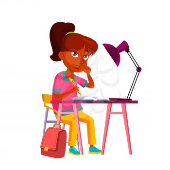 Girl Pupil Teenager Thinking Solve Problem Vector. Schoolgirl Teen Thinking About Exercise And Searching Answer, Educational Time. Character Solving Homework At Desk Flat Cartoon Illustration