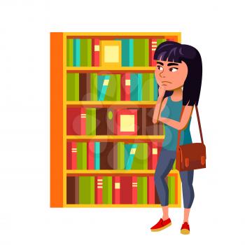 Girl Teenager Thinking And Choosing Book Vector. Asian Chinese Lady Teen Think And Choose Book In Library, Searching Interesting Or Educational Literature. Character Flat Cartoon Illustration