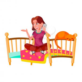 Girl Teen Talking With Friend Through Phone Vector. Teenager Sitting On Bed In Bedroom And Talk Through Mobile Phone Electronic Device. Character Communication Flat Cartoon Illustration