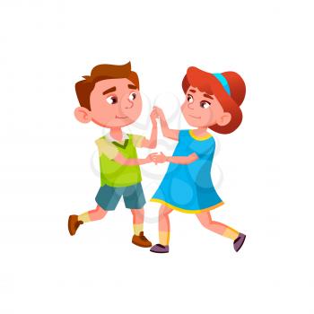 Schoolboy And Schoolgirl Dancing Waltz Vector. Caucasian Boy And Girl Couple Dancing Classical Dance On Stage. Characters Exercising And Training Movement Flat Cartoon Illustration
