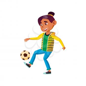School Girl Playing Soccer Sport With Ball Vector. Hispanic Schoolgirl Play Football Team Game With Ball On Field. Character Teenager Sportive Active Time Flat Cartoon Illustration
