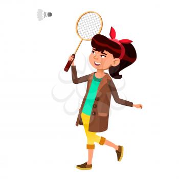 School Girl Playing Badminton Sport Game Vector. Asian Schoolgirl Player Play With Racket And Shuttlecock In Badminton. Character Teenager Sportive Competition Flat Cartoon Illustration