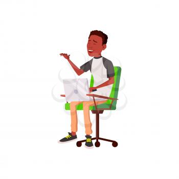 african guy laughing from friend e-mail on notebook cartoon vector. african guy laughing from friend e-mail on notebook character. isolated flat cartoon illustration