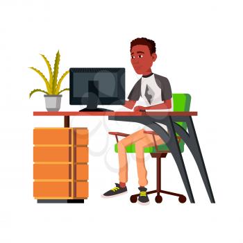 african guy working on computer at desk cartoon vector. african guy working on computer at desk character. isolated flat cartoon illustration