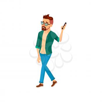 bearded caucasian man with happiness emotions listen songs on portable player cartoon vector. bearded caucasian man with happiness emotions listen songs on portable player character. isolated flat cartoon illustration