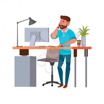 bearded man talking with client on phone and checking order on computer cartoon vector. bearded man talking with client on phone and checking order on computer character. isolated flat cartoon illustration