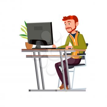 project manager guy planning on computer cartoon vector. project manager guy planning on computer character. isolated flat cartoon illustration