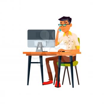 chinese boy looking at monitor and calling to support service on computer cartoon vector. chinese boy looking at monitor and calling to support service on computer character. isolated flat cartoon illustration