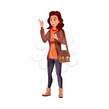 young woman choosing gadget in show room cartoon vector. young woman choosing gadget in show room character. isolated flat cartoon illustration