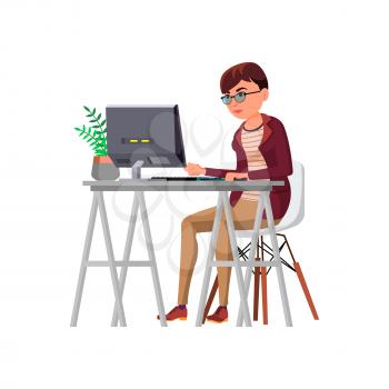 serious caucasian woman typing message on computer cartoon vector. serious caucasian woman typing message on computer character. isolated flat cartoon illustration
