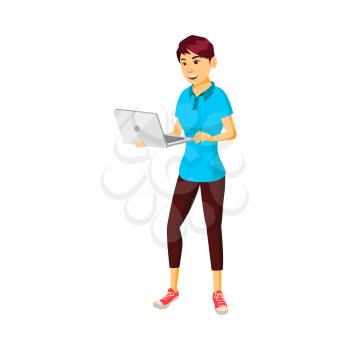 attractive girl reading funny article on digital device cartoon vector. attractive girl reading funny article on digital device character. isolated flat cartoon illustration