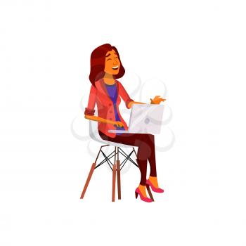 hispanic woman look funny picture on laptop cartoon vector. hispanic woman look funny picture on laptop character. isolated flat cartoon illustration