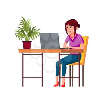 young woman chatting with client on laptop electronic gadget cartoon vector. young woman chatting with client on laptop electronic gadget character. isolated flat cartoon illustration