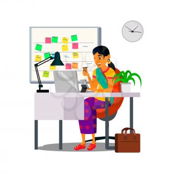indian girl manager working at office desk and drink coffee cartoon vector. indian girl manager working at office desk and drink coffee character. isolated flat cartoon illustration