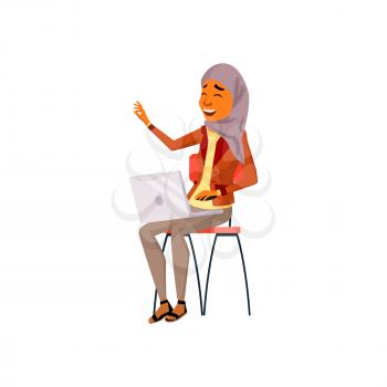 happy arabian woman chatting with friend in social website cartoon vector. happy arabian woman chatting with friend in social website character. isolated flat cartoon illustration