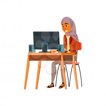 attractive muslim woman working on computer cartoon vector. attractive muslim woman working on computer character. isolated flat cartoon illustration