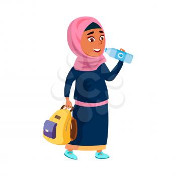 School Girl Drinking Water From Bottle Vector. Muslim Arabian Schoolgirl With Backpack Drink Healthy Natural Water. Happy Character Young Lady Enjoying Beverage Flat Cartoon Illustration