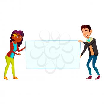 Boy And Girl Teen Holding Blank Banner Vector. Smiling Asian Schoolboy And African Schoolgirl Teen Hold Empty Banner Together. Characters Promotion Or Presentation Flat Cartoon Illustration