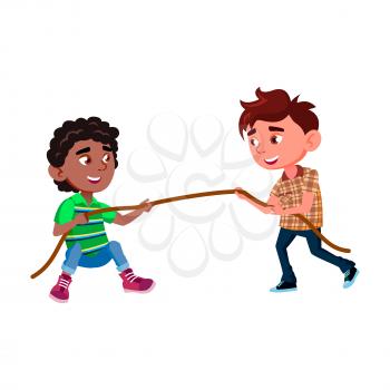 Schoolboys Pulling Rope On Competition Game Vector. African And Caucasian School Boys Pulling Rope Togetherness. Characters Children Energy Power Sport Time Flat Cartoon Illustration